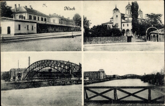 Ak Niš Nisch Servië, algemeen beeld, brug, treinstation