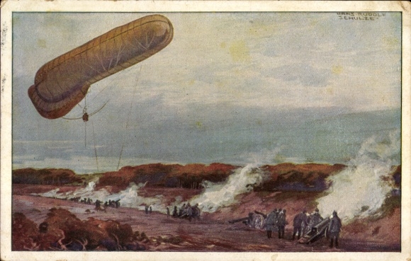 Artist Postcard Schulze, Hans Rudolf, Tethered Balloon of the German Air Fleet in World War I, Artillery