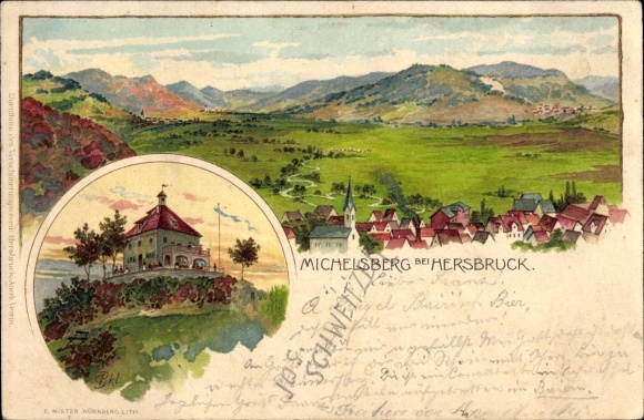 Künstler Litho Hersbruck im Nürnberger Land Bayern, Gastwirtschaft auf dem Michelsberg, Aussicht