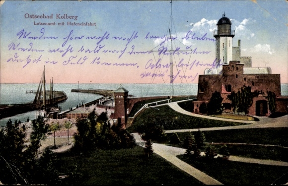 Postcard Kołobrzeg Baltic Sea resort Kolberg Pomerania, Pilot Office, harbor entrance