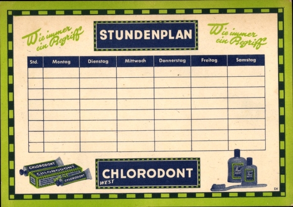 Timetable advertisement for Chlorodont toothpaste, tube of mouthwash, around 1950