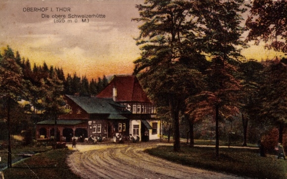 Postcard Oberhof in the Thuringian Forest, front view of a hut, surrounding nature, street view,