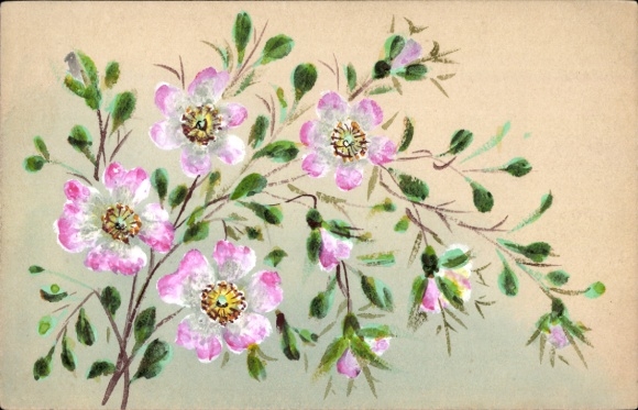 Hand painted Postcard pink flowers, flowers
