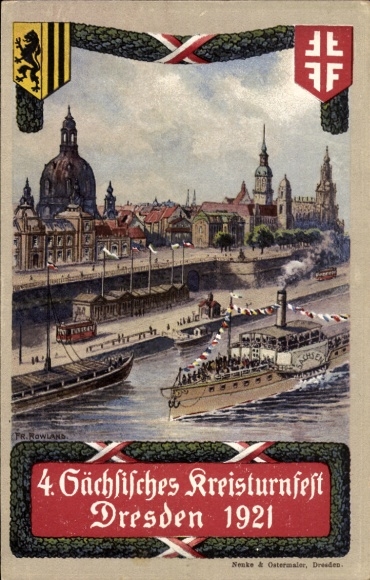 Artist Postcard Dresden Altstadt, Frauenkirche, 4th Saxon District Gymnastics Festival 1921, Steamer Saxony