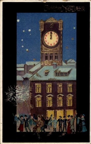 Ak Glückwunsch Neujahr, Rathausturm, Uhr, Feiernde Menschen