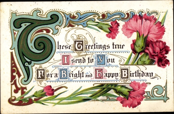 Embossed passepartout PC congratulations birthday, carnations blossoms