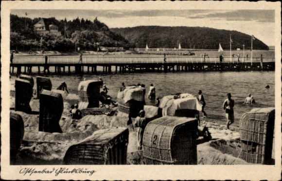 Postcard Glücksburg on the Baltic Sea, beach, swimmers, passengers, beach chairs, pier