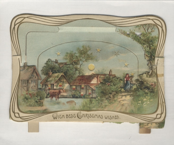 1 stand-up backdrop, village scene by moonlight, Christmas greetings, approx. 10 x 14.5 cm