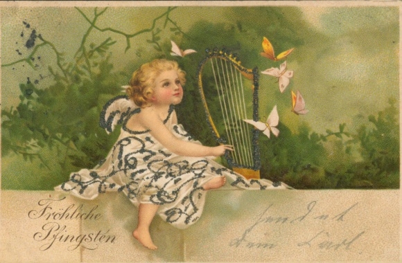 Glitter Chromo-Litho Congratulations Pentecost, Angel with Harp, Butterflies
