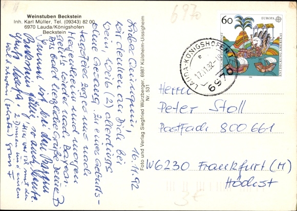 Ak Beckstein Lauda Königshofen Tauberfranken, Weinstuben Beckstein, R. Rother en Julius Echter Stube
