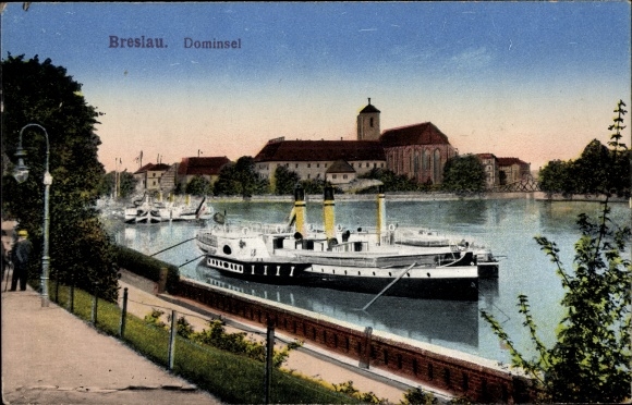 Ak Wrocław Breslau Schlesien, Dominsel, Dampfer auf der Oder, Wyspa Piasek