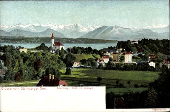 Postcard Starnberg in Upper Bavaria, total view of the town, church