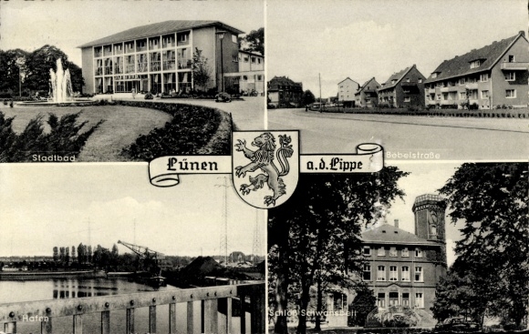 Coat of arms Postcard Lünen in North Rhine Westphalia, public baths, Bebelstraße, harbour, Schwansbell Castle