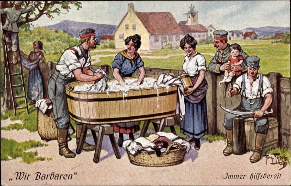 Kunstenaar Ansichtkaart Thiele, Arthur, Wij Barbaren, Altijd behulpzaam, Soldaten helpen met wassen, I. WW