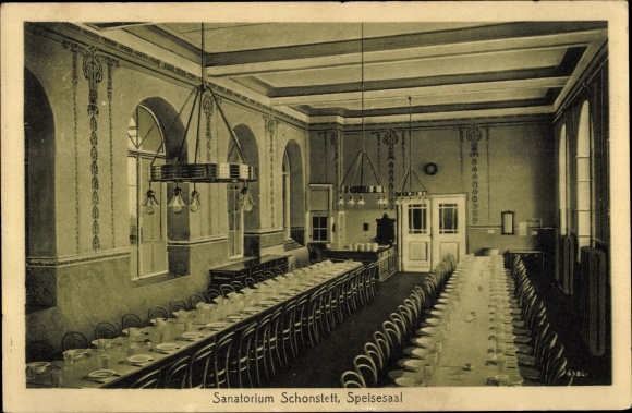 Postcard Schonstett in Upper Bavaria, dining room in the sanatorium