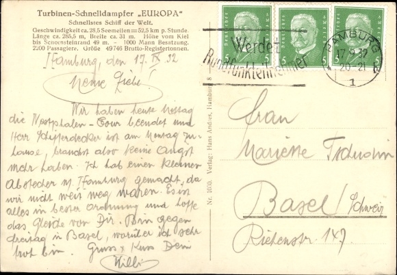 Postcard Steamer Europa, Norddeutscher Lloyd Bremen, four-screw turbine express steamer