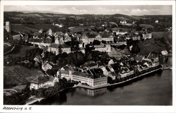 Postcard Meersburg on Lake Constance, aerial view of Meersburg, picturesque old town, Lake Constance shore
