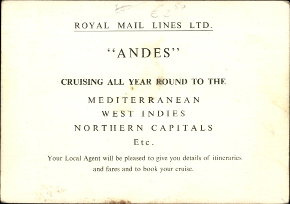 Ak stoomboot Andes, Royal Mail Lines