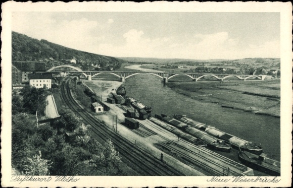 Postcard Vlotho on the Weser, climatic health resort Motho, New Weser Bridge, landscape with river and railway