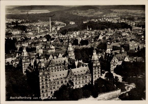 Postcard Aschaffenburg, aerial photograph of the castle