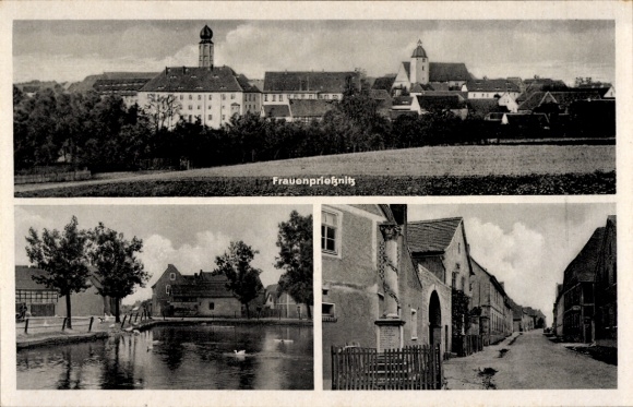 Postcard Frauenprießnitz in Thuringia, view of the town, street view, pond