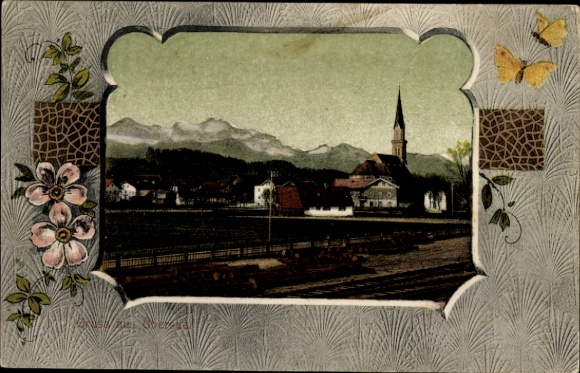 Passepartout Ak Übersee am Chiemsee, Teilansicht