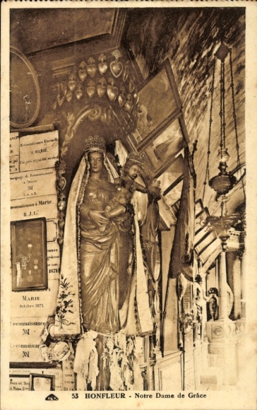 Ak Honfleur Calvados, Statue der Jungfrau Maria, Kirche, religiöse Symbole, Textfragmente
