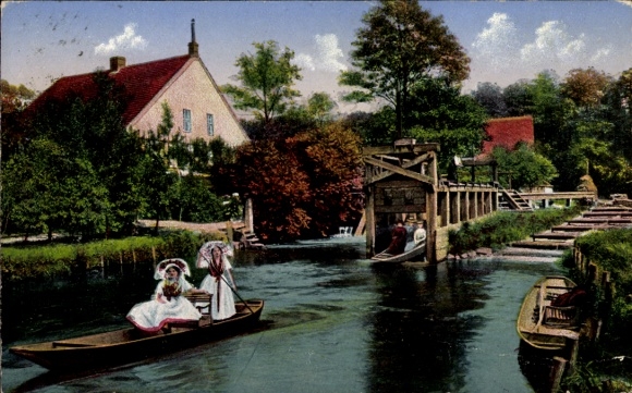 Postcard Kannomühle Alt Zauche Wußwerk in the Spreewald, lock, Spreewald women in a boat