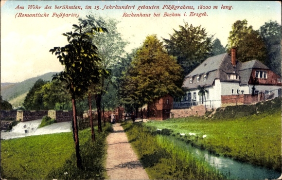 Postcard Rechenhaus Bockau in the Ore Mountains, at the weir of the raft ditch