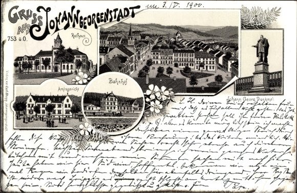 Chromo-Litho Johanngeorgenstadt in the Ore Mountains of Saxony, town hall, train station, district court, monument