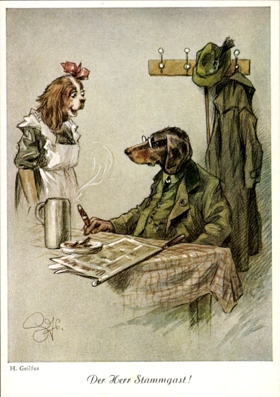 Artist Postcard Geilfus, H., Mr. Regular, Humanized Dogs, Cigar, Waitress