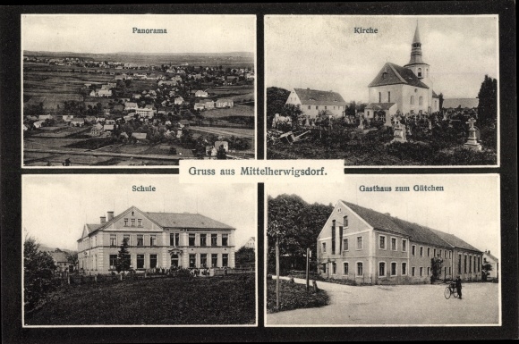 Ak Mittelherwigsdorf Zittau bekken, kerk, herberg zum Gütchen, school, panorama