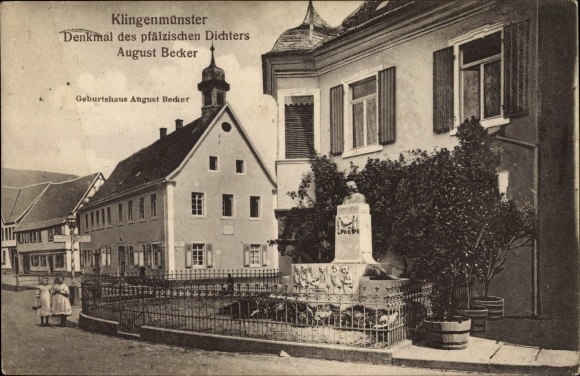 Postcard Klingenmünster in the Südliche Weinstraße district, birthplace of the poet August Becker, monument