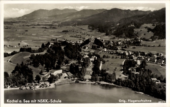 Postcard Kochel am See Upper Bavaria, aerial view of NSKK school, mountain landscape
