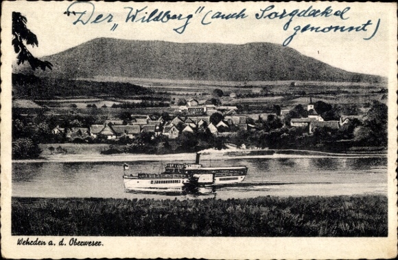 Postcard Wehrden Beverungen on the Weser, steamer, general view, mountain