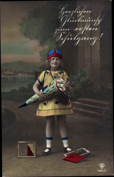 Ak Glückwunsch Einschulung, Mädchen mit Zuckertüte und Abakus