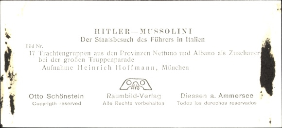 Stereo photo Hitler Mussolini, The Fuhrer&#39;s State Visit to Italy, No. 17 costume groups