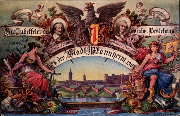 KP papeterii Mannheim Obchody 300-lecia miasta 1907, elektor Friedrich, elektor Karl Theodor