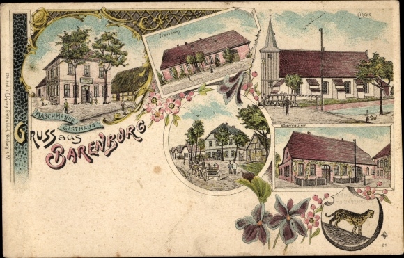 Chromo-Litho Barenburg in Lower Saxony, Maschmann&#39;s inn, vicarage, church