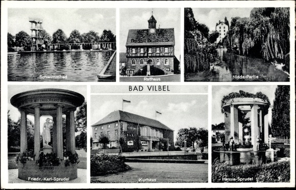 Ak Bad Vilbel in Hessen, zwembad, gemeentehuis, Nidda, Hassia Sprudel, Friedr. Karl Sprudel