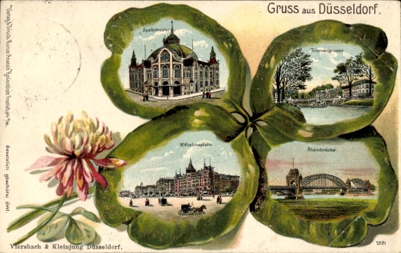 Klaverbladlitho in reliëf Düsseldorf aan de Rijn, Tritongroep, Rijnbrug, Wilhelmsplatz, Apollo Theater
