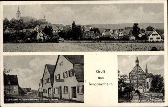 Postcard Burgbernheim Middle Franconia Bavaria, general view, Kapellenberg, pastry shop, grocery store