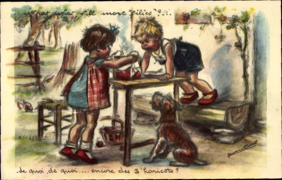 Artist Postcard Bouret, Germaine, Children with a Pot, Dog