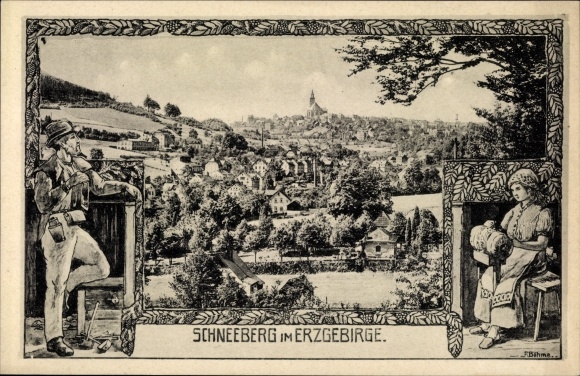 Postcard Schneeberg in the Ore Mountains, lacemaker, view of the place