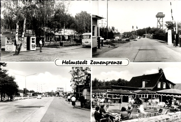 KP Helmstedt w Dolnej Saksonii, granica strefy, ruch uliczny, budynki, ludzie, pojazdy