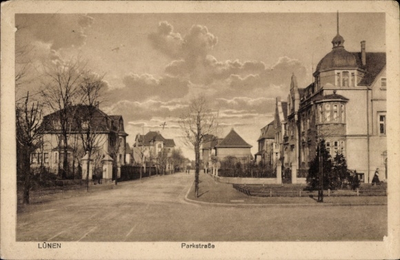 Postcard Lünen in Westphalia, street view, Parkstraße, old buildings, trees, clouds