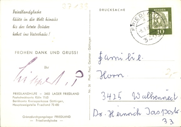 Postcard Friedland Lower Saxony, border transit camp, Friedland bell, inauguration of memorial site