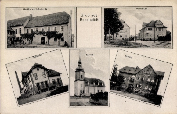Ak Eckolstädt Bad Sulza in Thüringen, Gasthof zu  Gruß aus  Dorfstraße, Kirche, Schule