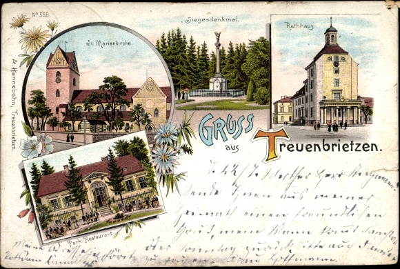 Chromo-Litho Treuenbrietzen in Brandenburg, St. Mary's Church, Victory Monument, town hall, park restaurant
