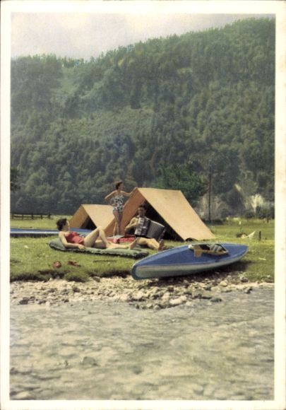 Ak Fahr fröhlich in die weite Welt mit Kleppermantel, Boot und Zelt, Kanu, Reklame